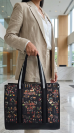 Women's Tote Bag with Traditional Warli Art Print, Faux Leather Trim, Spacious Shoulder Carry Bag for Office & Travel, Black Multi-color - Image 2