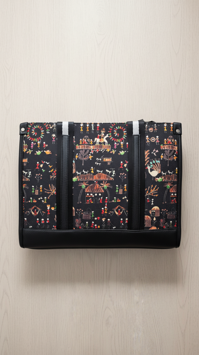 Tote Bag Women's Tote Bag with Traditional Warli Art Print, Faux Leather Trim, Spacious Shoulder Carry Bag for Office & Travel, Black Multi-color - Image 1